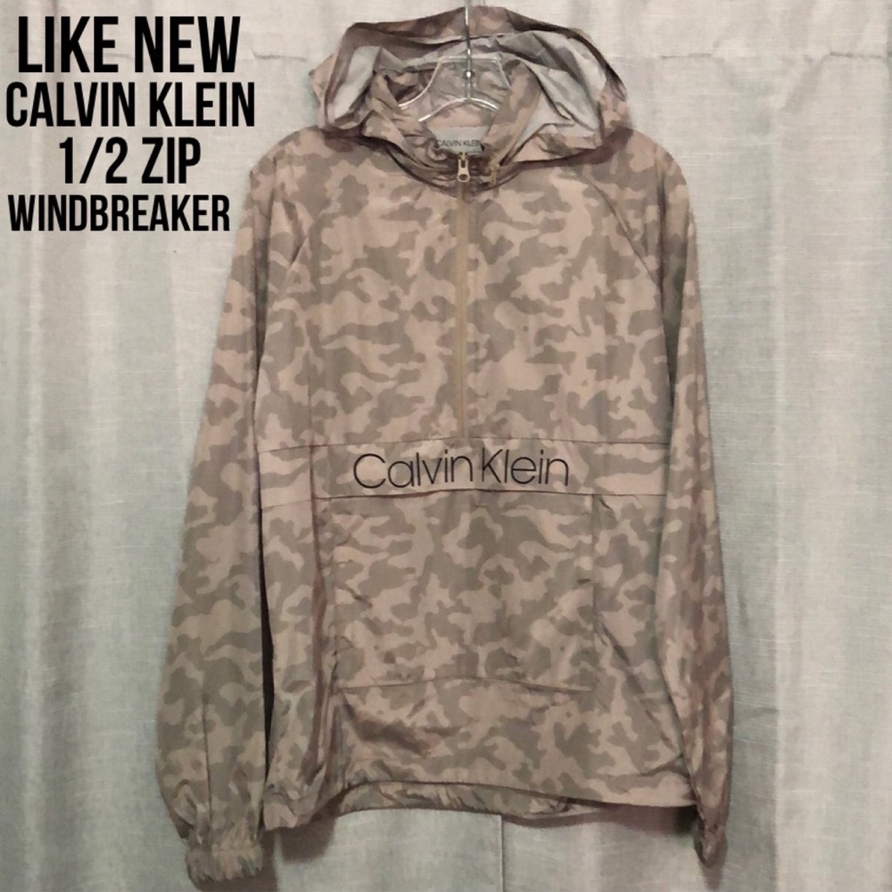 LIKE NEW Calvin Klein 1/2 Zip Windbreaker-Sz S-Tan/Gray Camo-Nylon